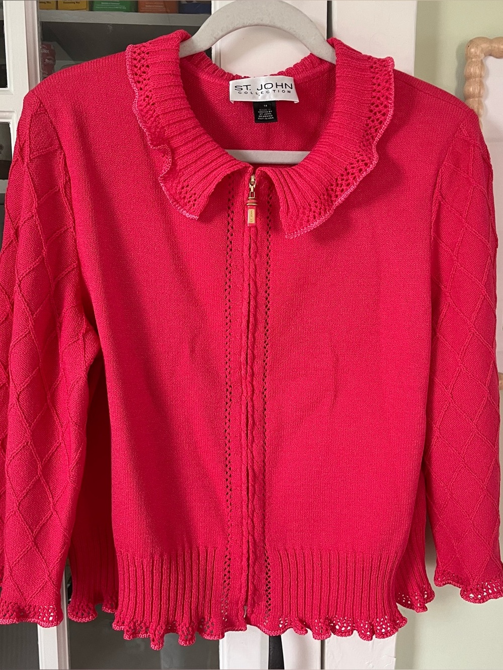 St John Collection Pink Zip Up Sweater w/ Ruffles Sz 14